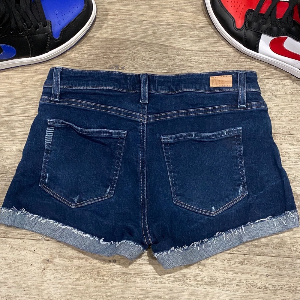 Paige 27 Denim jean shorts raw hem dark wash